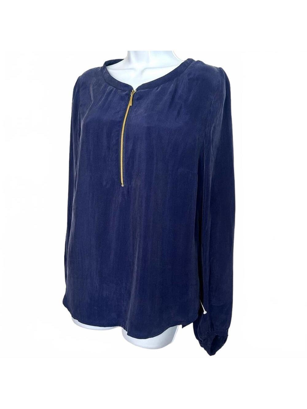 United Colors of Benetton Women's Large Blue Cupro Blouse with Gold Half Zipper